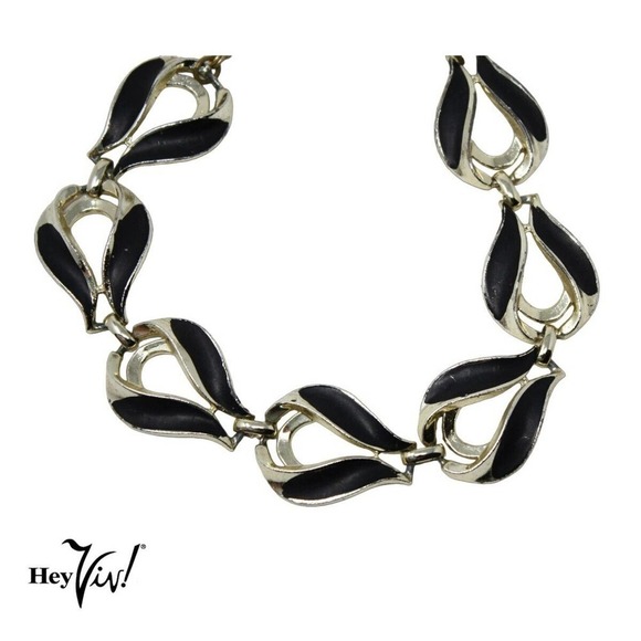 Vintage Curved 16" Choker Chunky Necklace w Black Enamel on Silver Metal - Hey - Picture 2 of 5